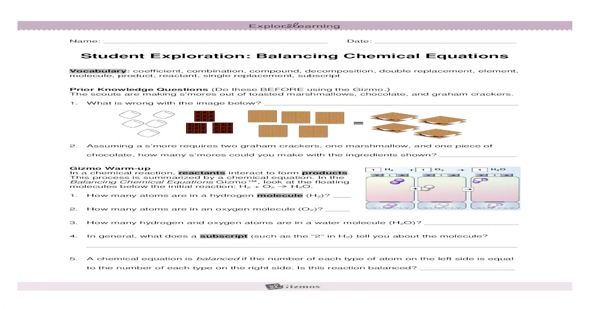 Chemical equation gizmo answer key