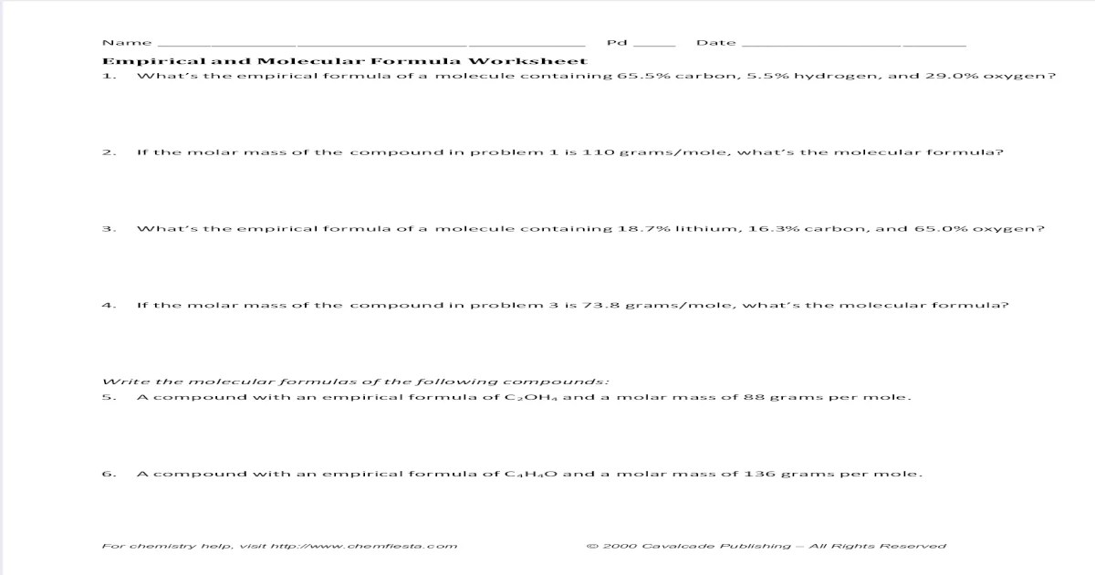 Empirical and molecular formula worksheet pdf